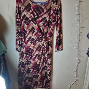Anne Klein Geometric Pink and Brown Long Sleeve Dress